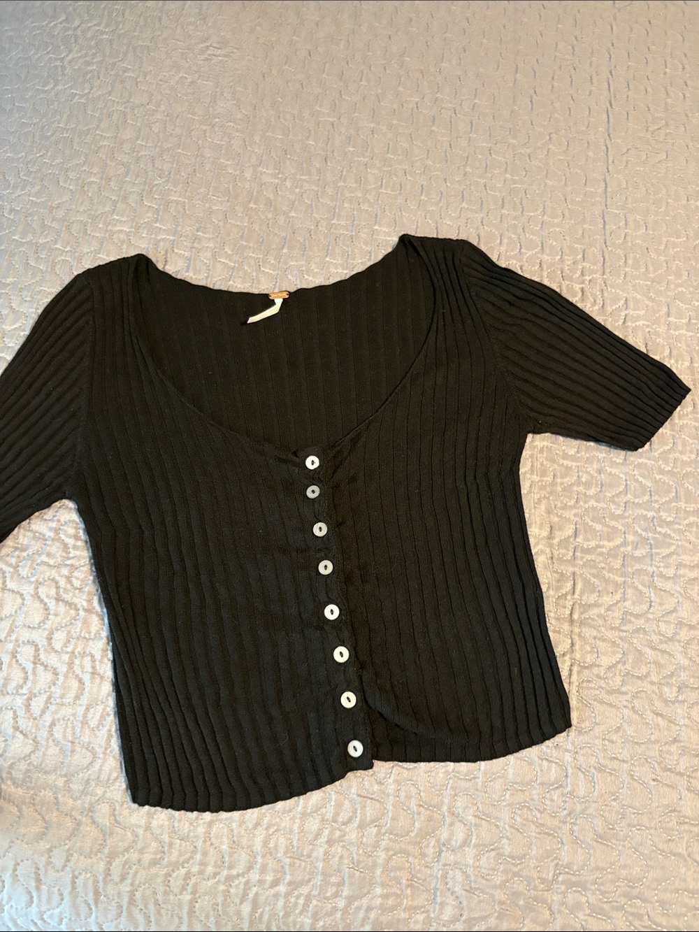 Free People Black Ribbed Button-Front Crop Top
